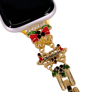 Decorative Christmas-themed apple watch band case with gold accents on a white background