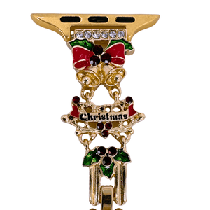 Decorative Christmas-themed watch band with gold, red, and green colors on a white background