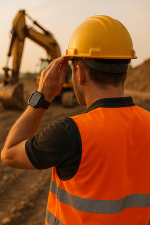 Person wearing a yellow hard hat and orange safety vest on a construction site. Modbands Apple Watch band and bumper case on wrist.