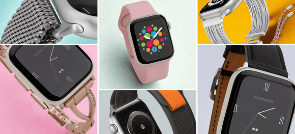 Collage of various Modbands Apple Watch bands with different designs and colors on a colorful background.