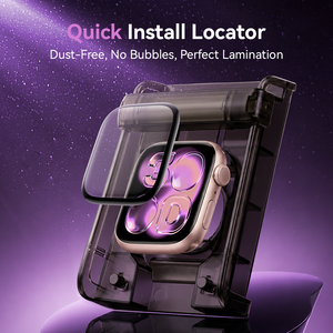 Quick install locator tray aligning the ceramic glass over an Apple Watch for a dust free bubble free fit